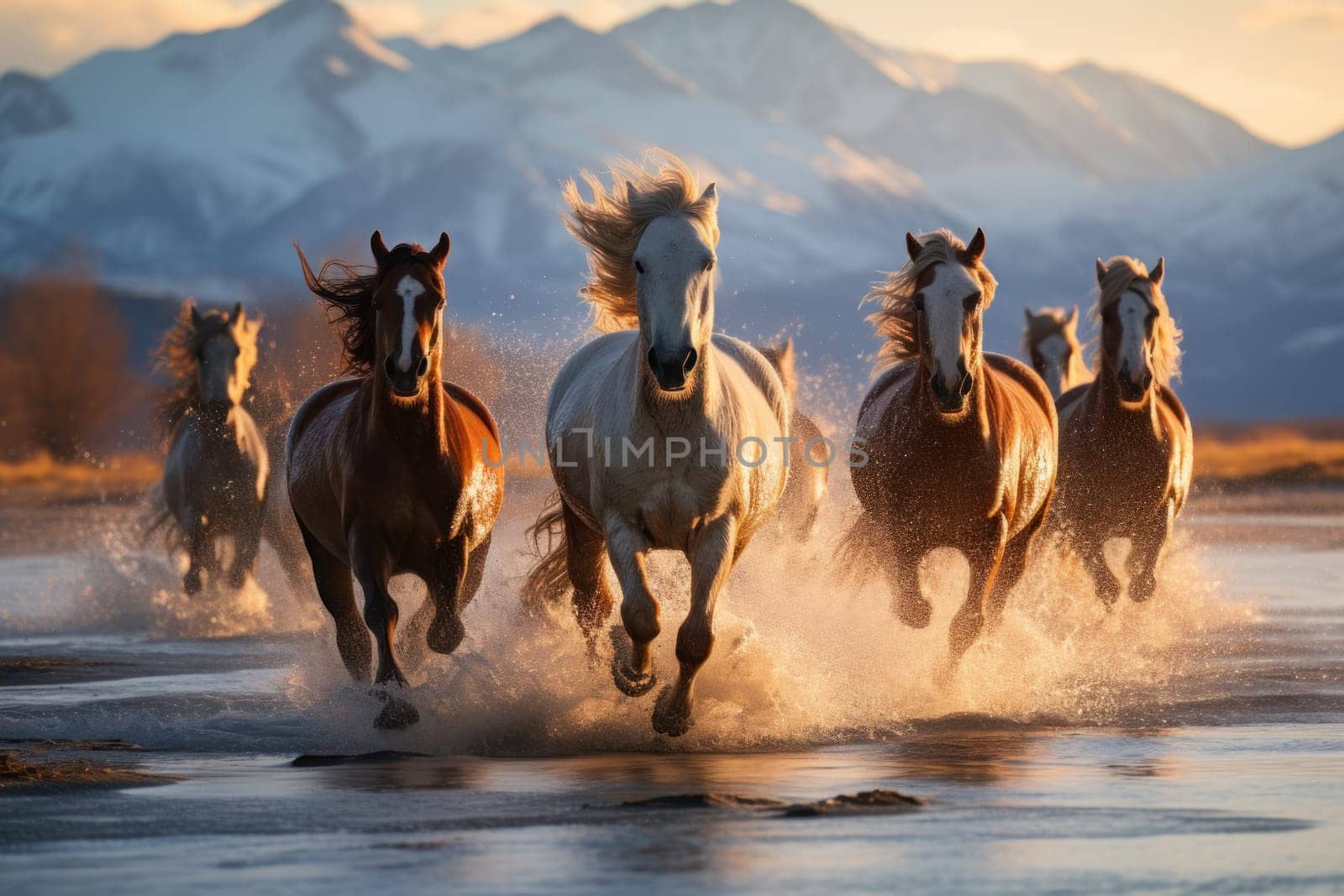 A majestic herd of wild horses galloping freely through a landscape. Generative AI by golfmerrymaker