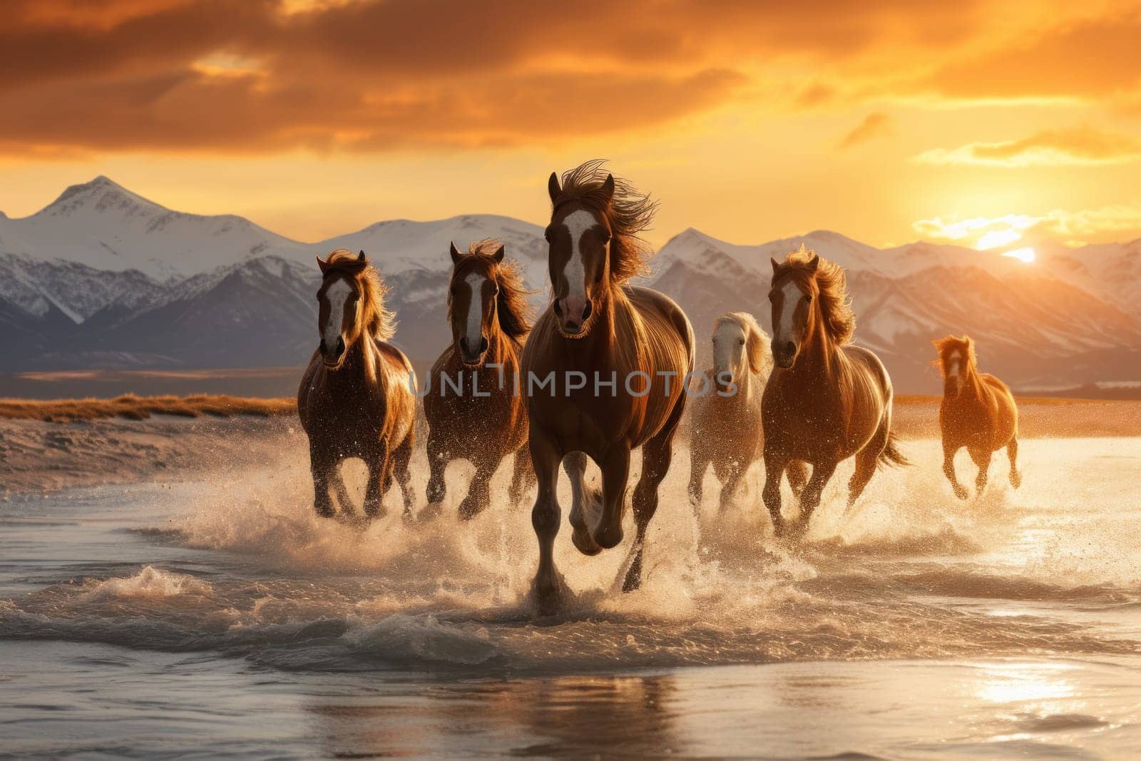 A majestic herd of wild horses galloping freely through a landscape. Generative AI by golfmerrymaker