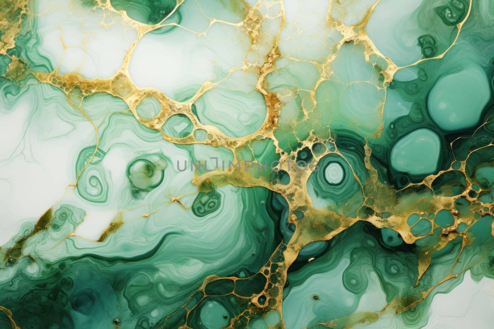 Ink fluid art. Green and gold abstract texture. Generative AI.