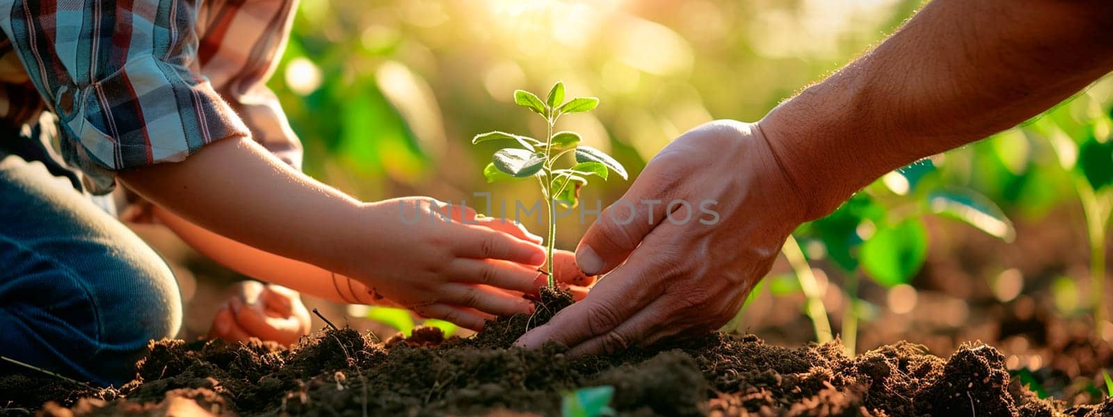A child plants a tree in the garden. Selective focus. Nature.