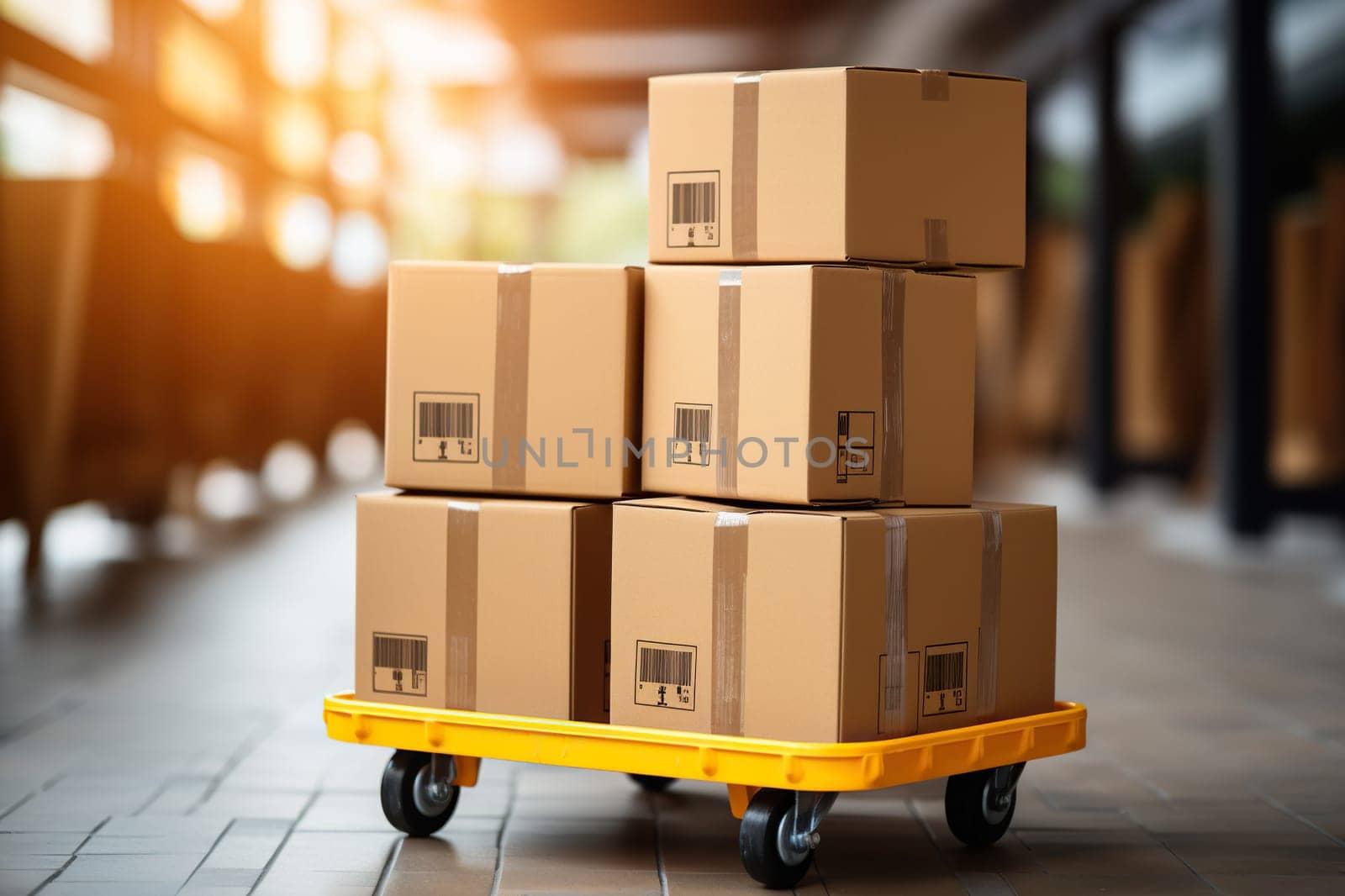 Yellow trolley with cardboard boxes in a warehouse with bokeh background. The concept of logistics of cargo, parcels. Generated by artificial intelligence by Vovmar