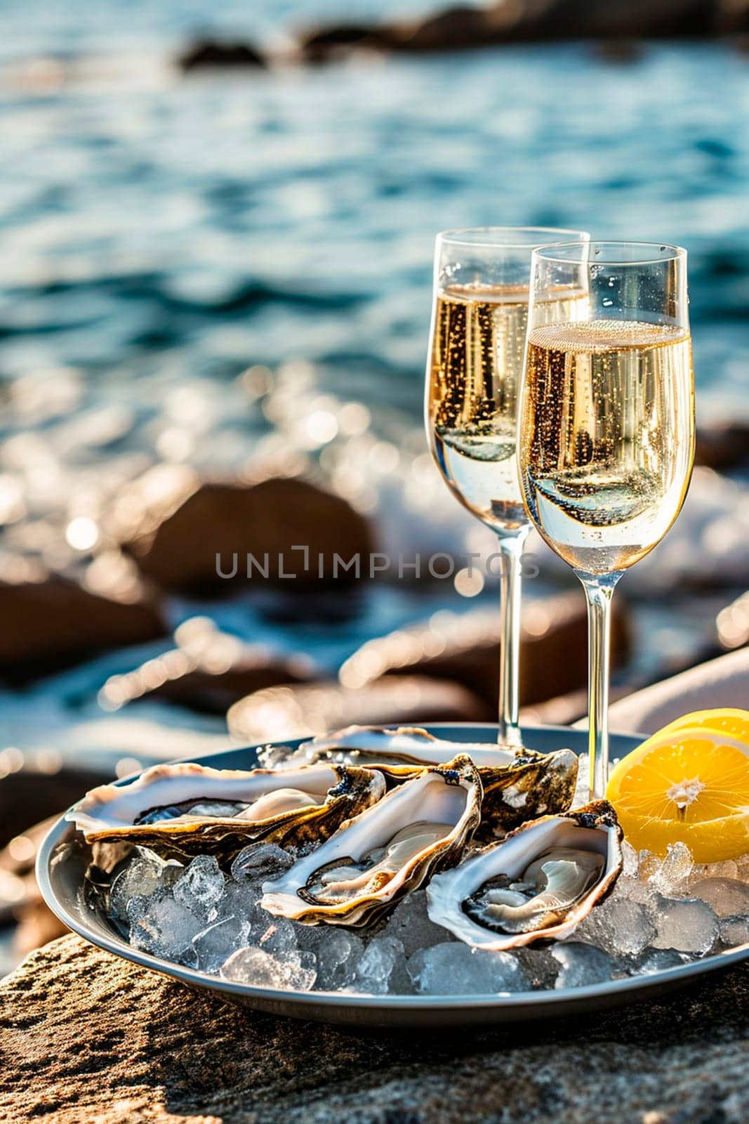 Oysters glasses with wine on the seashore. Selective focus. by yanadjana
