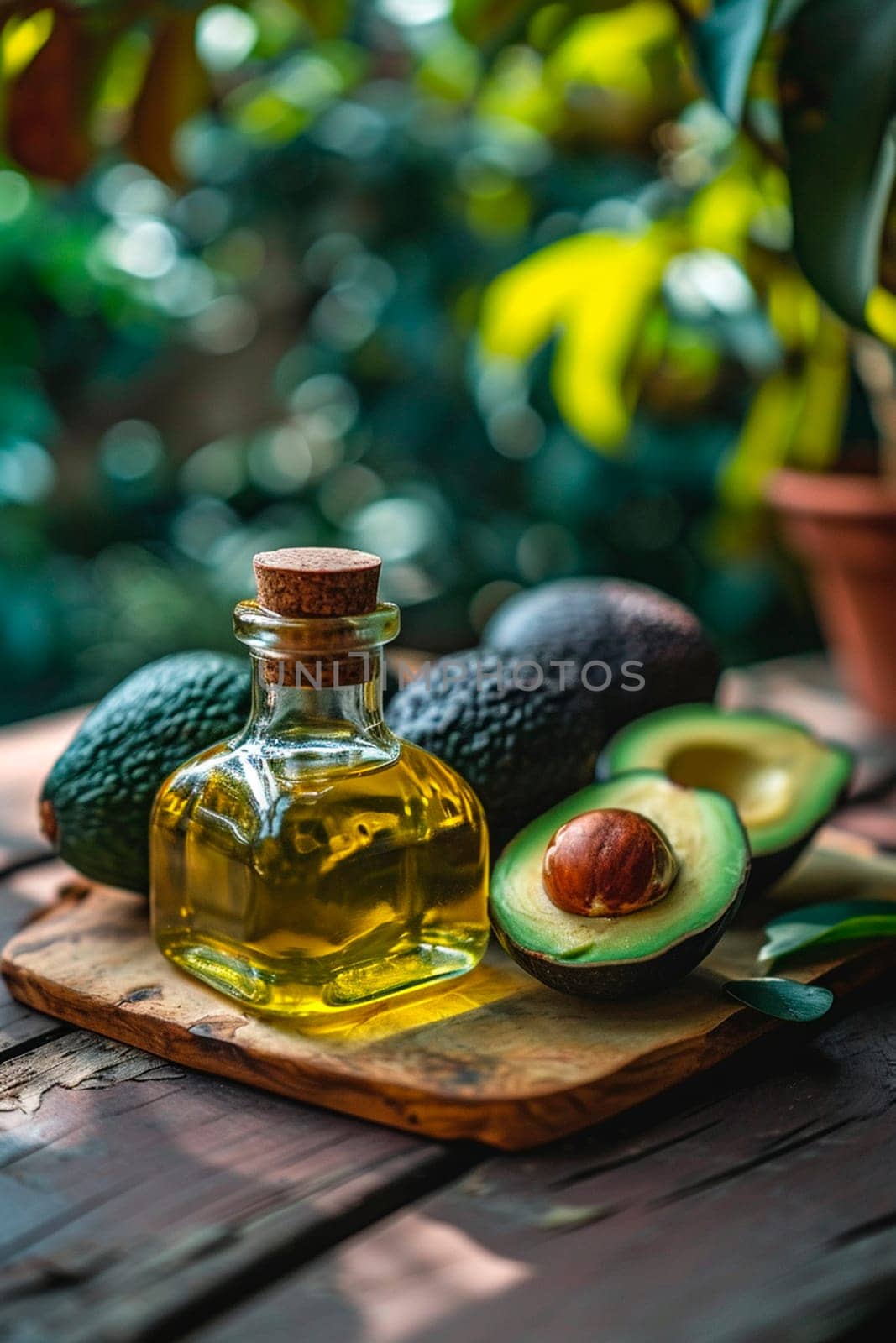 Avocado oil on a table in the garden. Selective focus. by yanadjana