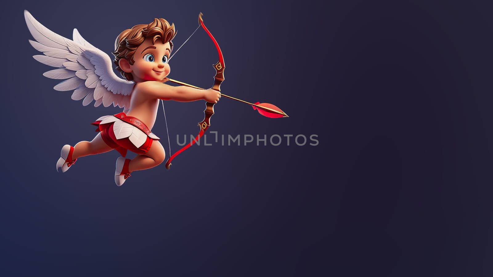 Adorable baby Cupid with bow and arrow, symbol of love, infatuation, dark background. Valentine's Day.
