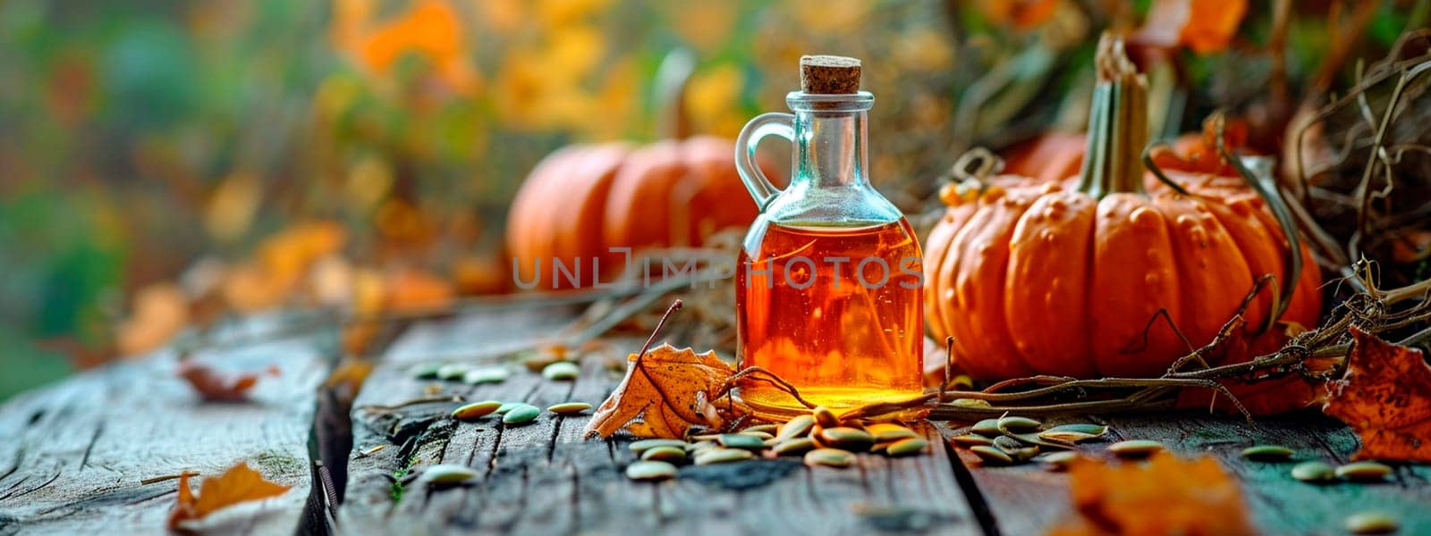 Pumpkin seed oil on a table in the garden. Selective focus. by yanadjana