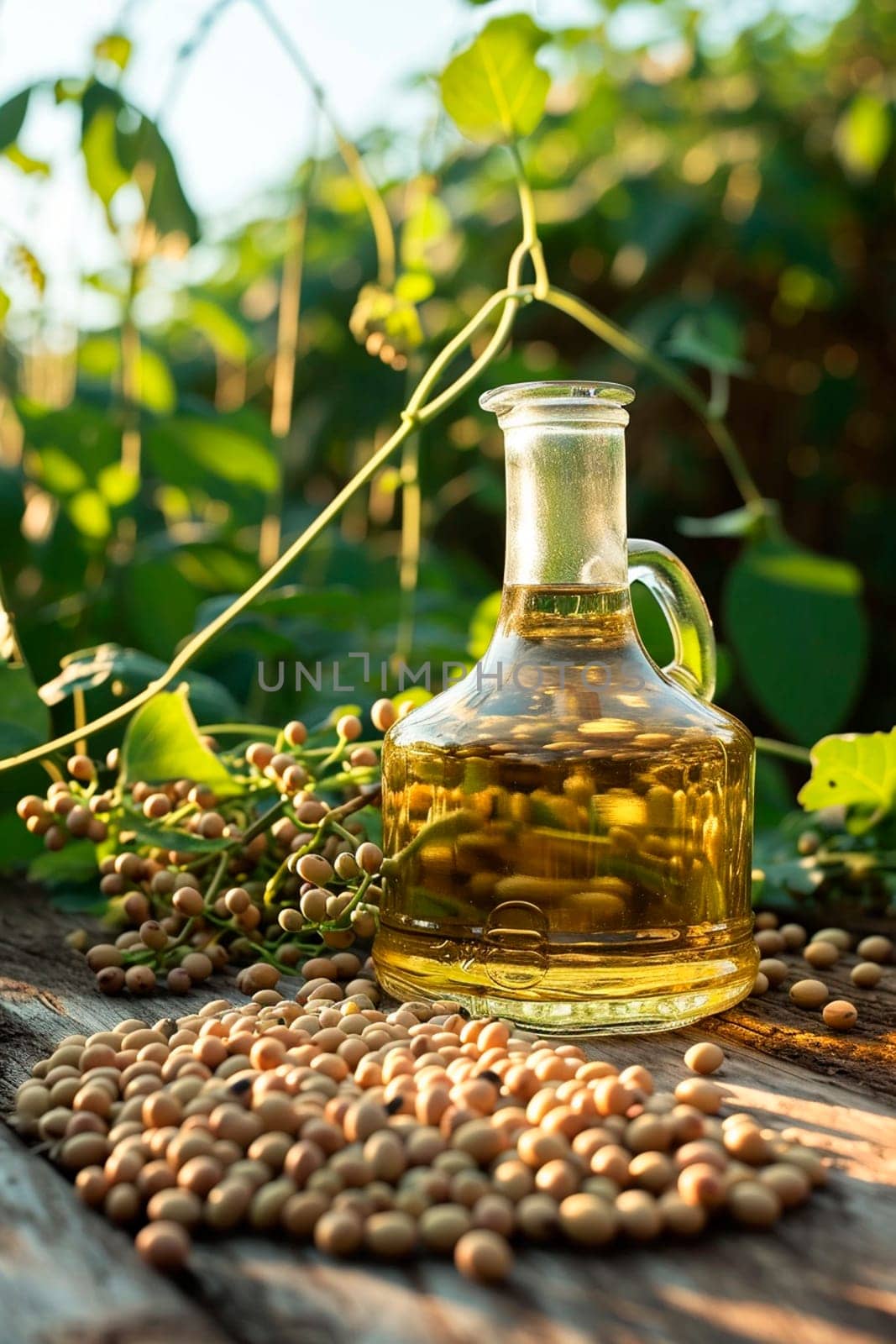 Soybean oil on a table in the garden. Selective focus. Food.