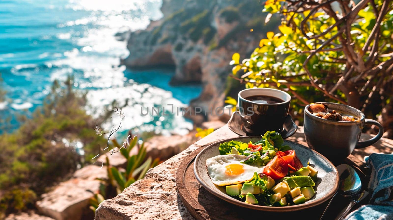 Breakfast avocado eggs and coffee by the sea. Selective focus. by yanadjana