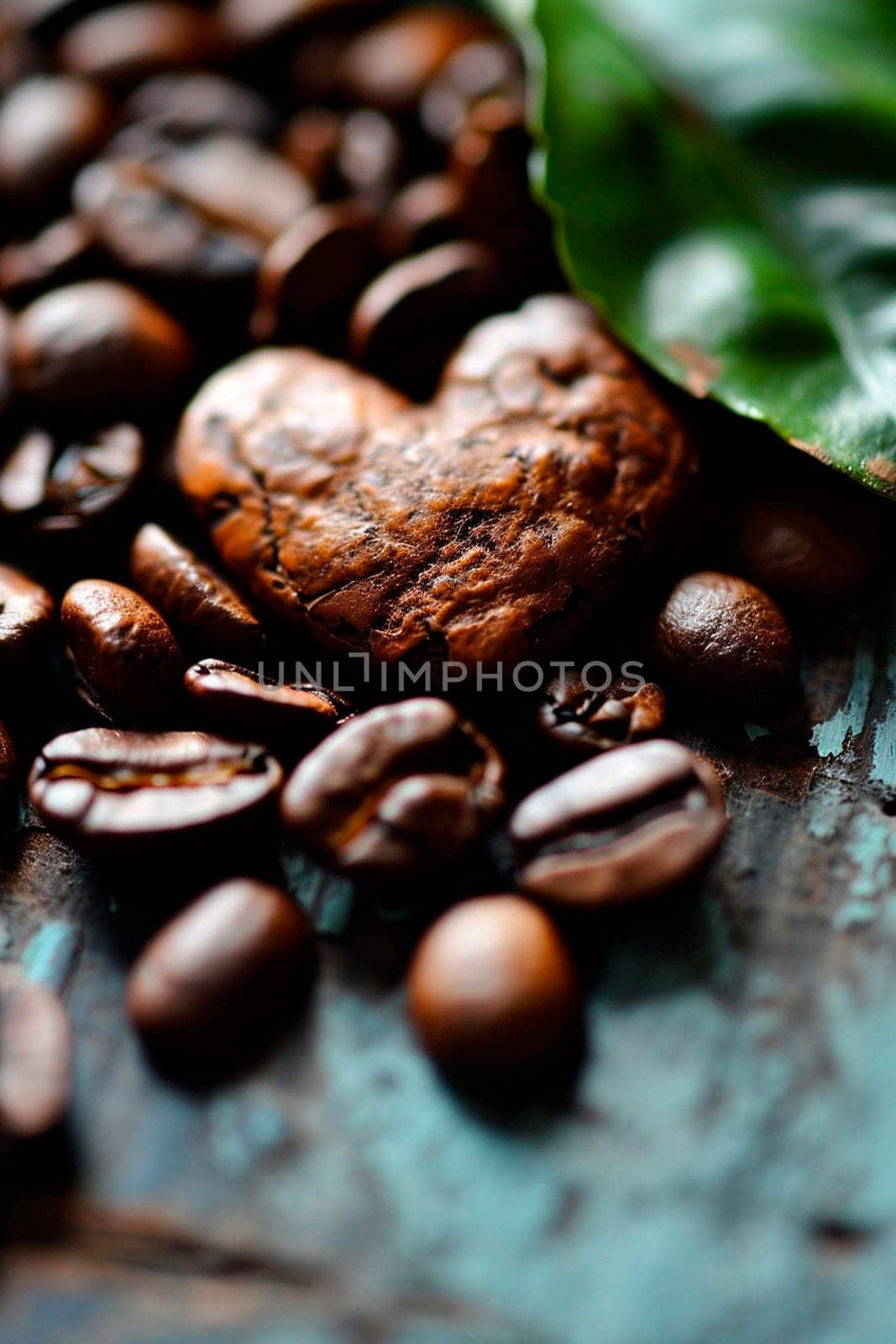 Coffee beans heart on the table. Selective focus. Food.