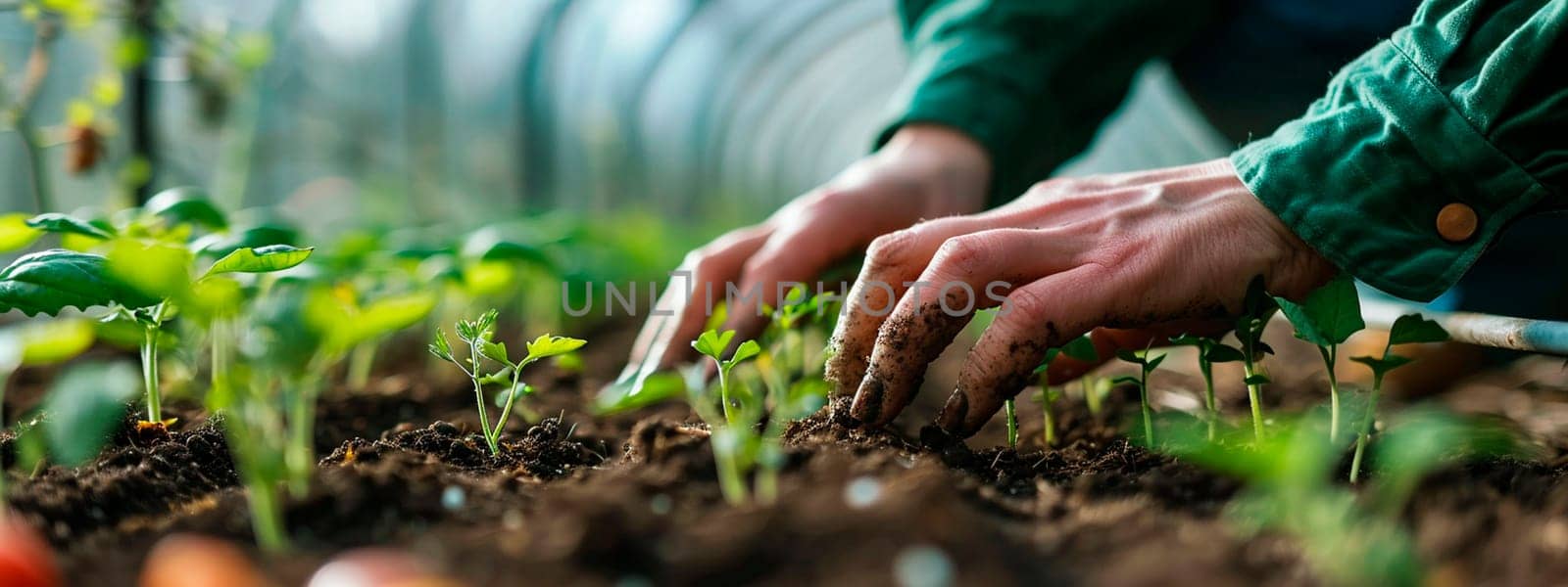 a man plants seedlings in a greenhouse. Selective focus. Nature.