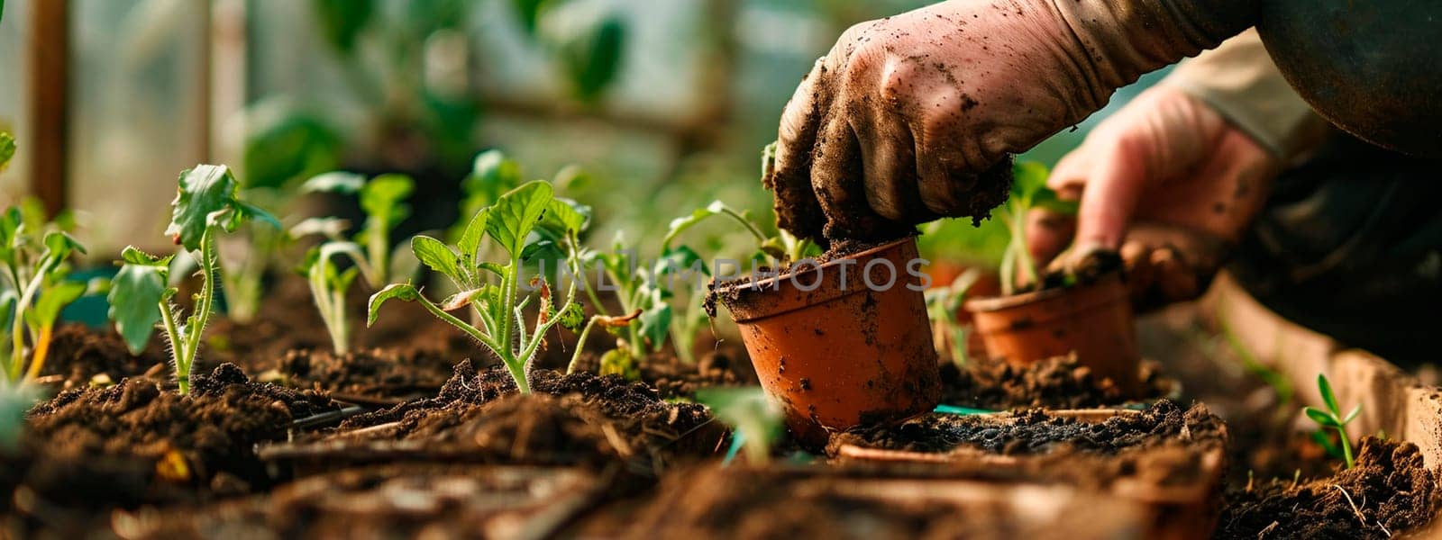 a man plants seedlings in a greenhouse. Selective focus. Nature.