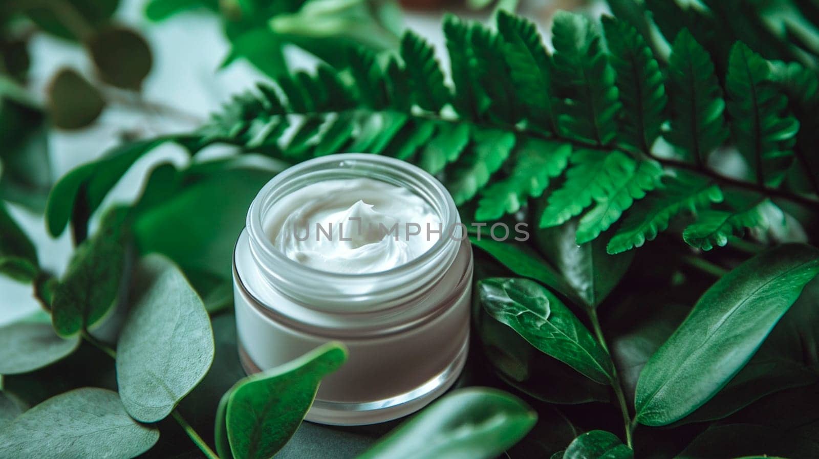 Cosmetics cream on a background of leaves. Selective focus. by yanadjana