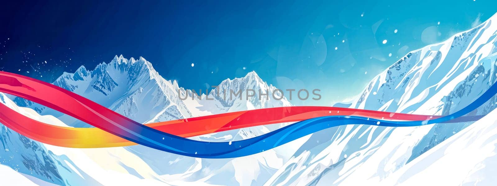 snowy mountain landscape with vibrant red, yellow, and blue ribbons streaming across a clear sky, evoking the dynamic spirit of a winter sports event, banner