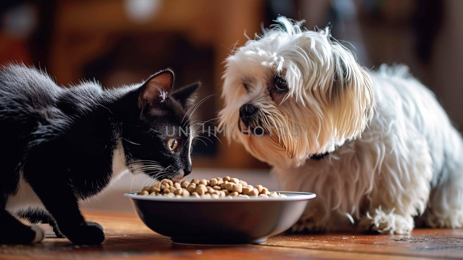 A dog and a cat eat from the same plate. Selective focus. Food.