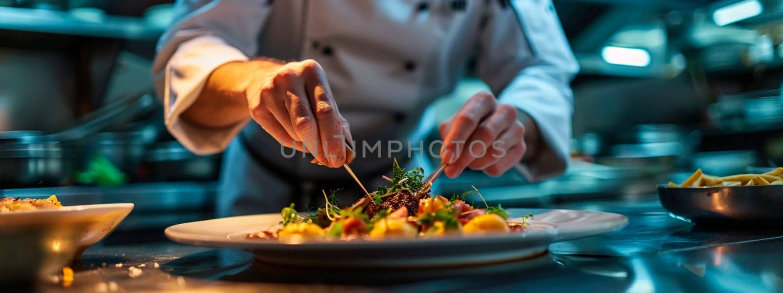 The chef makes a presentation of the dish. Selective focus. by yanadjana