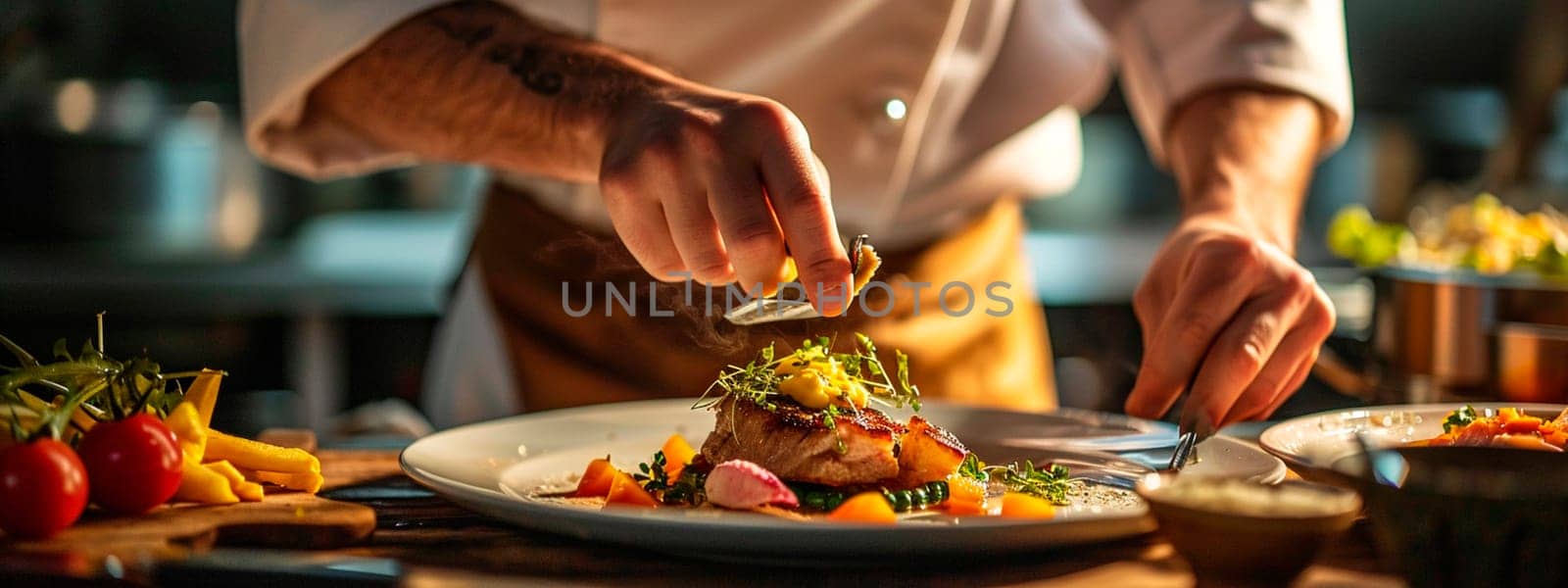 The chef makes a presentation of the dish. Selective focus. by yanadjana