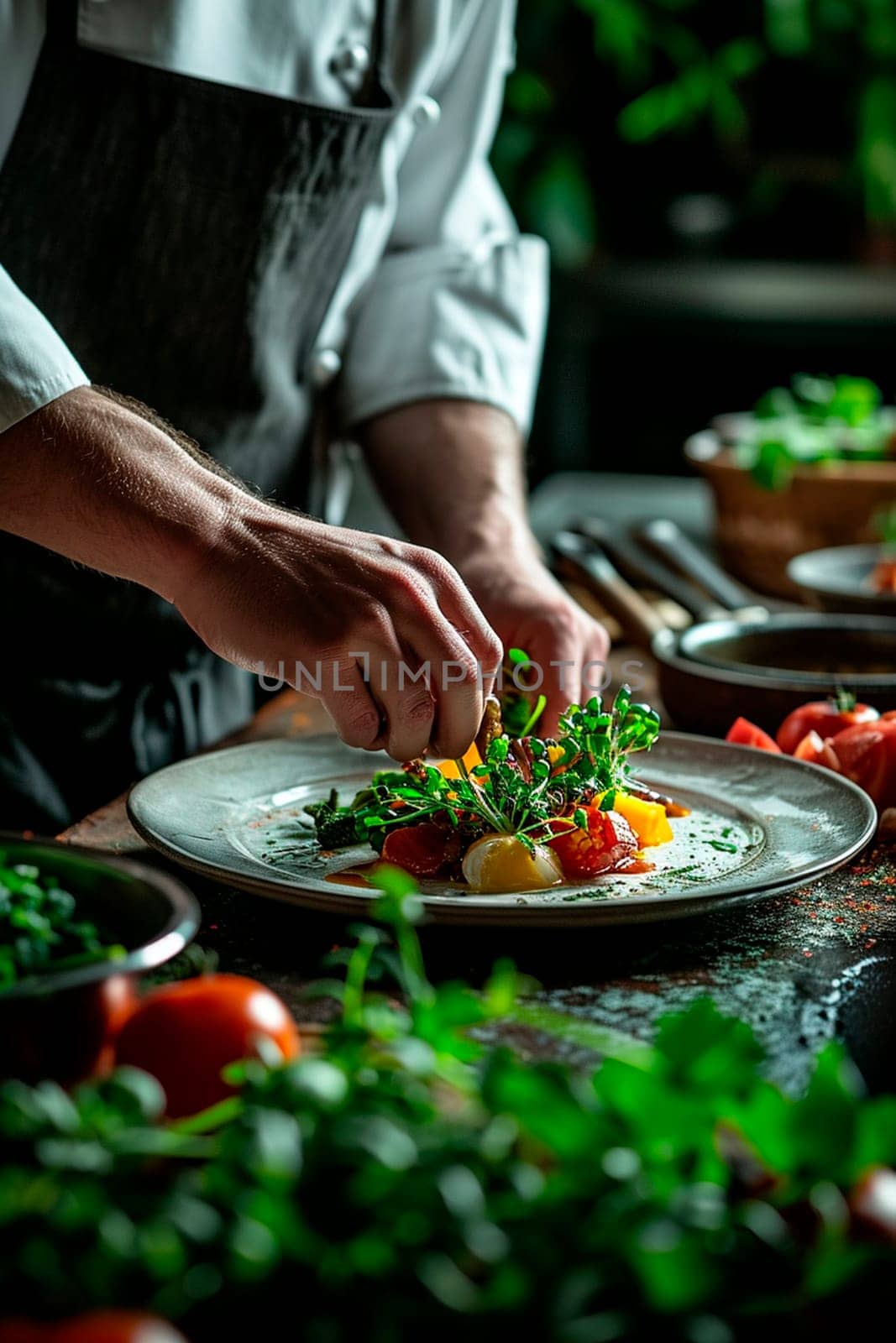 The chef makes a presentation of the dish. Selective focus. by yanadjana