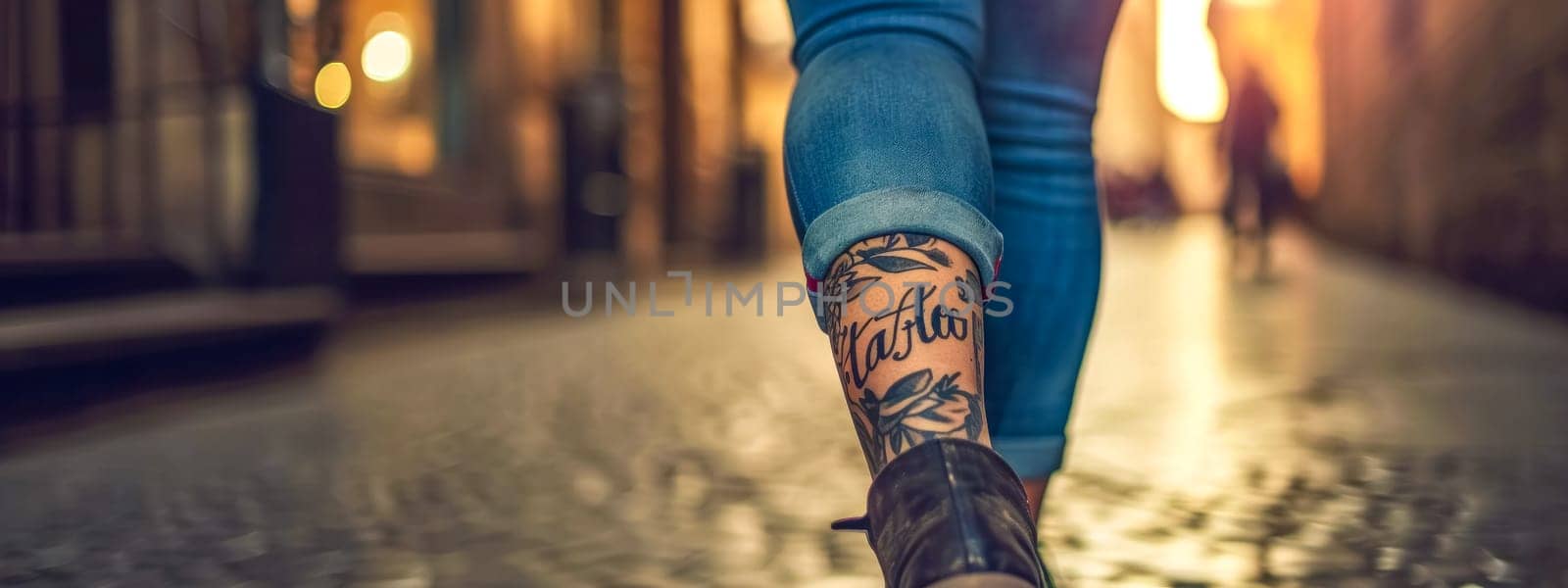 tattooed leg with the word "Tattoo" inked amongst floral designs, set against the backdrop of a blurred, warmly lit street scene, adding a dynamic urban feel to the personal expression of body art by Edophoto