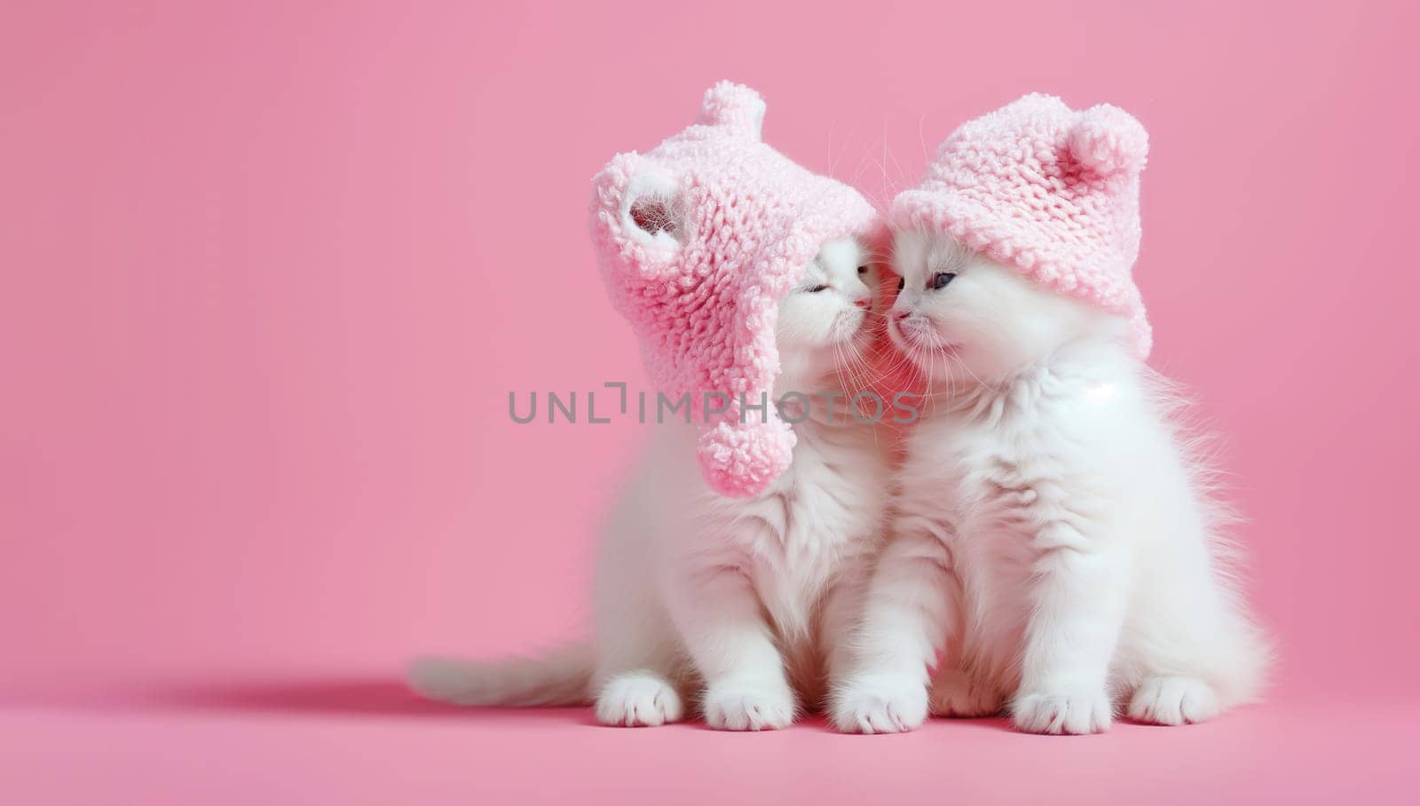 Mockup Adorable Fluffy Little White Kitties in Pink Hats on Pink Background. Sniffing Cuddling Cute kitten, Juvenile cat. Lovely Pet. St Valentine Day or Pet Veterinary AI Generated. Horizontal Plane.