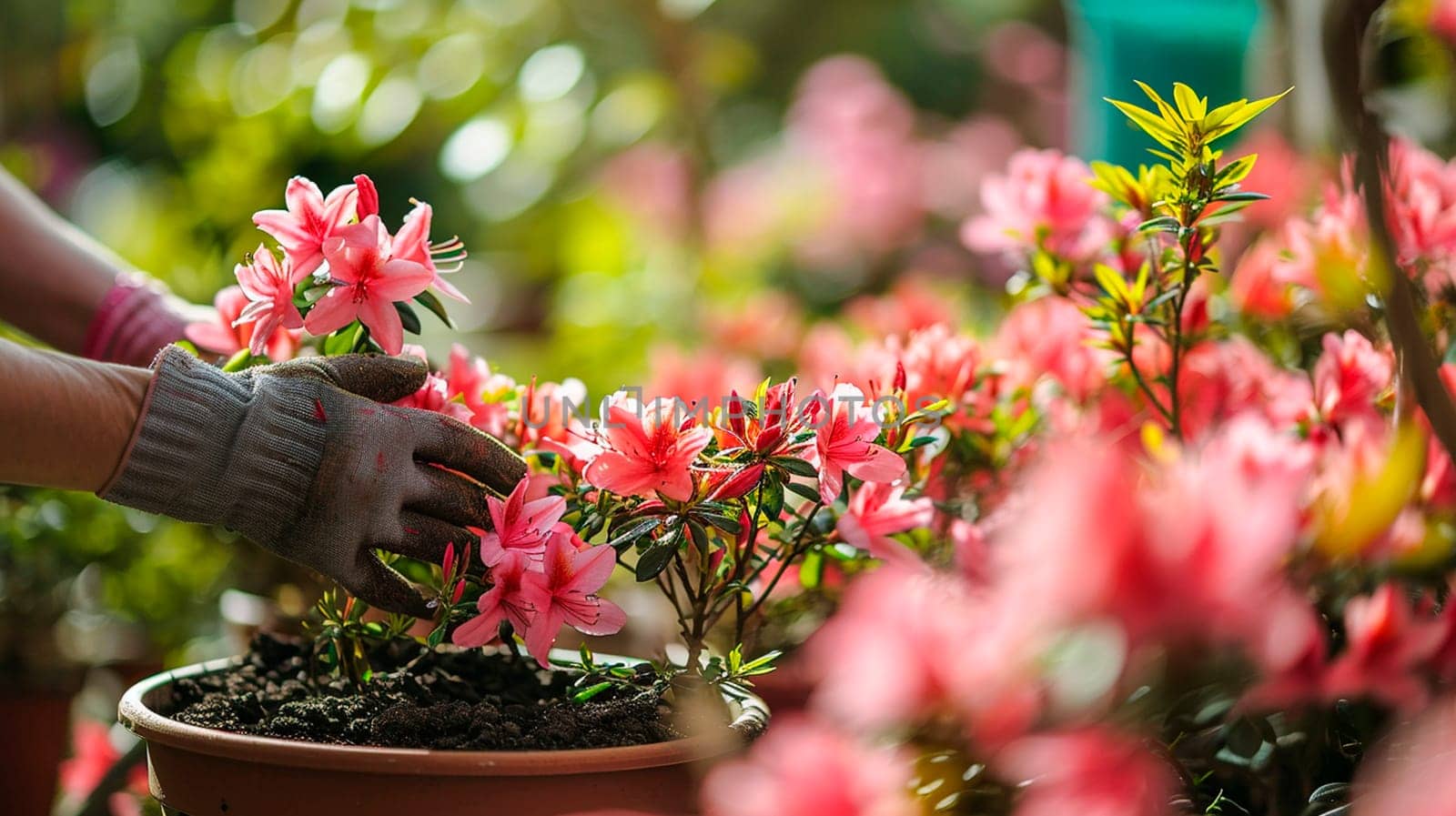 A gardener takes care of azaleas in the garden. Selective focus. by yanadjana