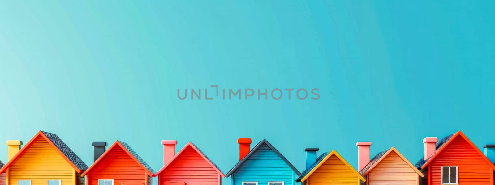 cartoon-style houses with vibrant red, orange, blue, and yellow facades under a clear turquoise sky, symbolizing a diverse and cheerful neighborhood or the concept of a lively real estate market by Edophoto