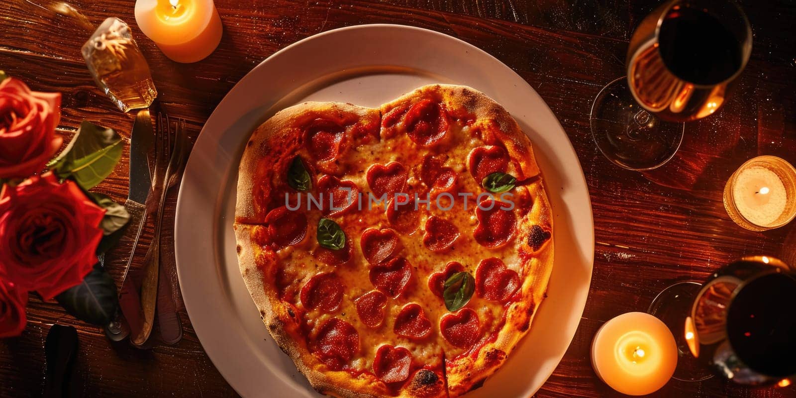 Heart shaped pizza for Valentines day on dark rustic wooden background pragma