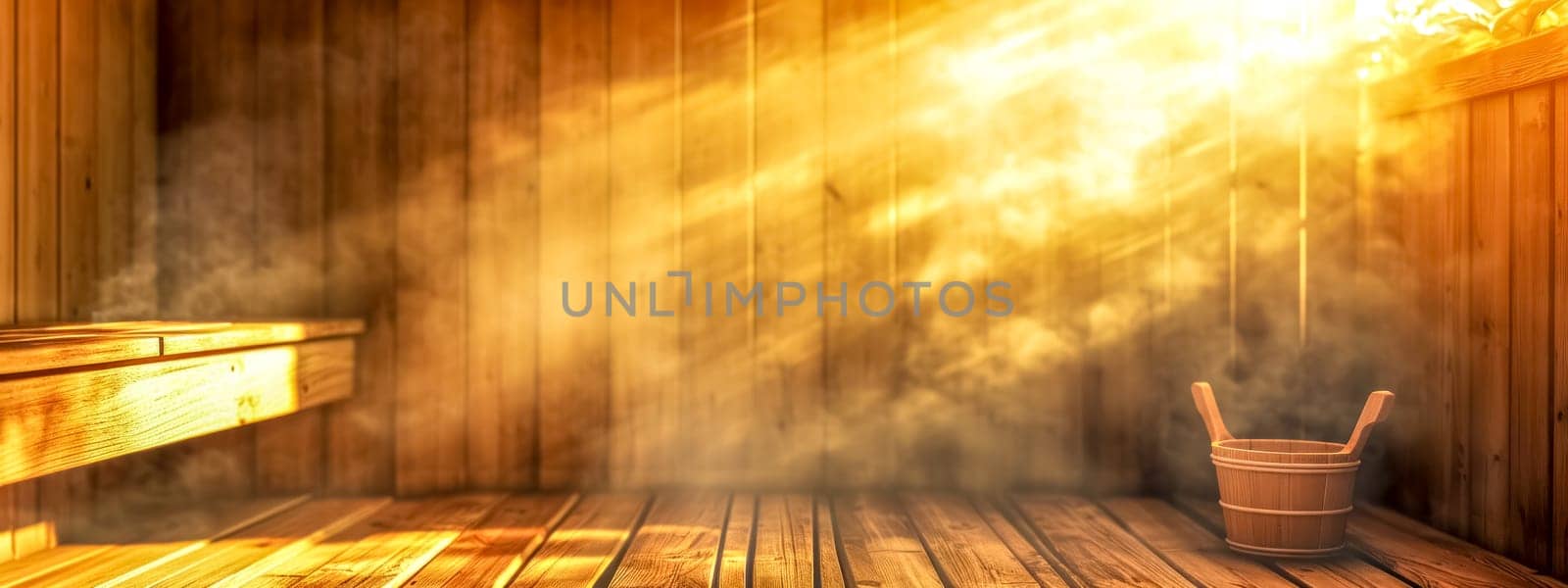 warm, inviting atmosphere of a sauna with rays of sunlight filtering through the steam, illuminating the wooden interior and a traditional sauna bucket in the foreground, evoking relaxation well-being