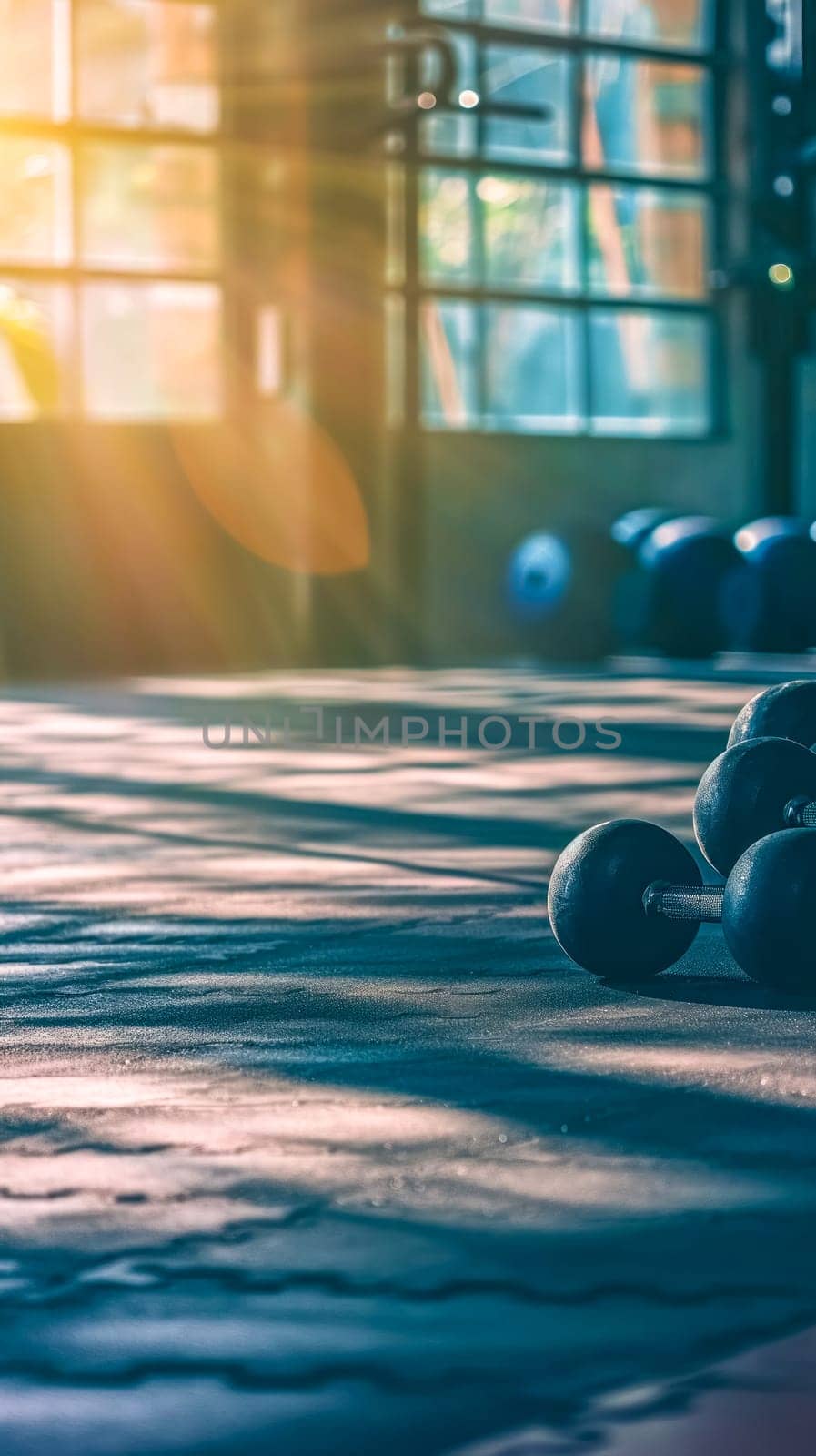 gym during sunrise, with sunlight streaming through the window and casting a warm glow over the dumbbells and textured floor, symbolizing dedication and tranquility in fitness, vertical, copy space
