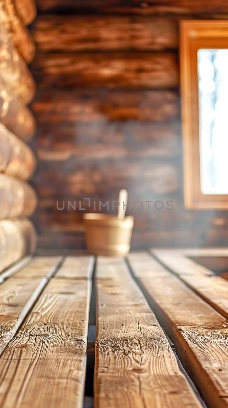 wooden sauna, focus on the wooden benches leading to a sauna bucket and ladle, all bathed in the soft, golden light filtering through a window, suggesting a peaceful and relaxing sauna experience