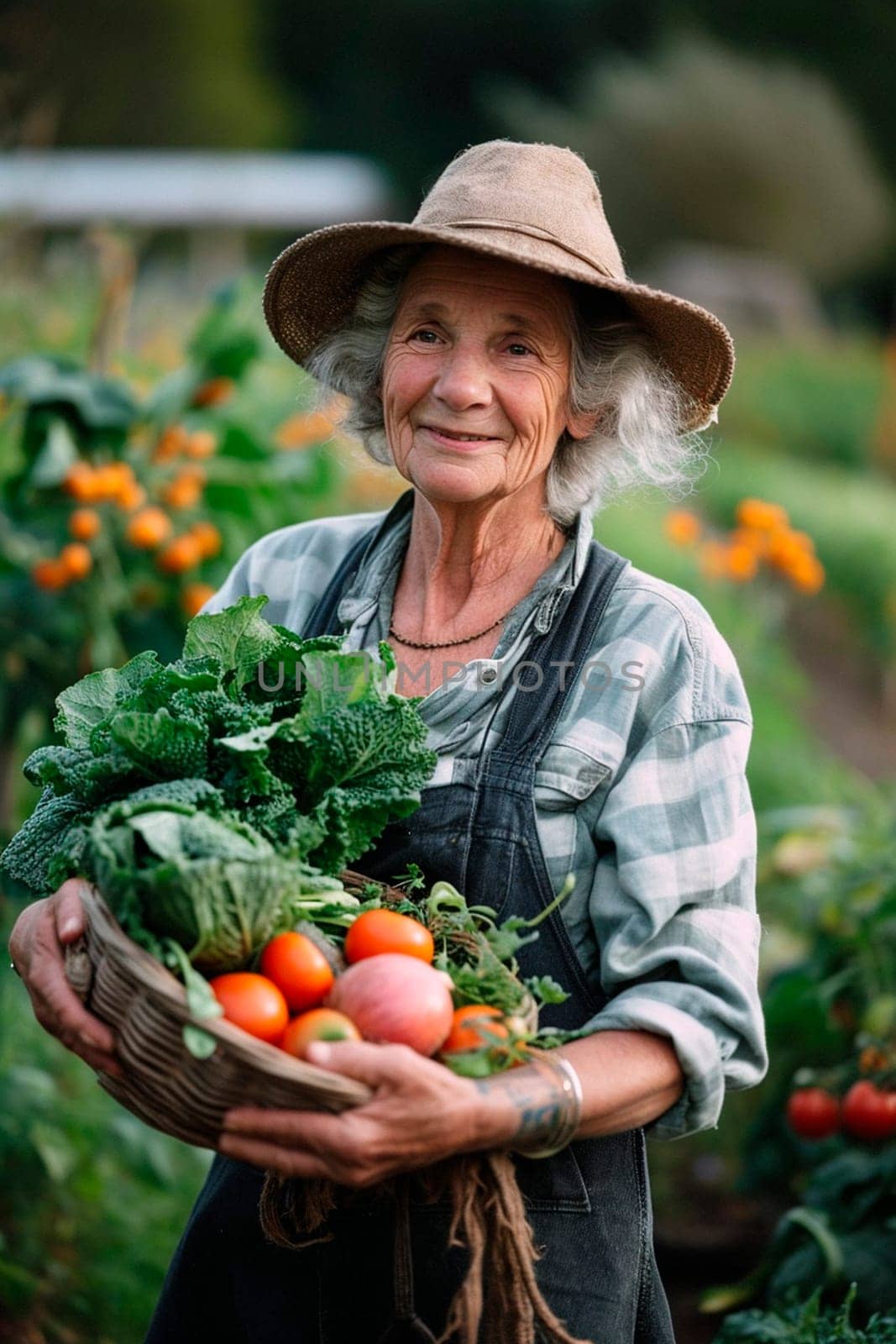 An old woman with a harvest of vegetables in the garden. Selective focus. Food.