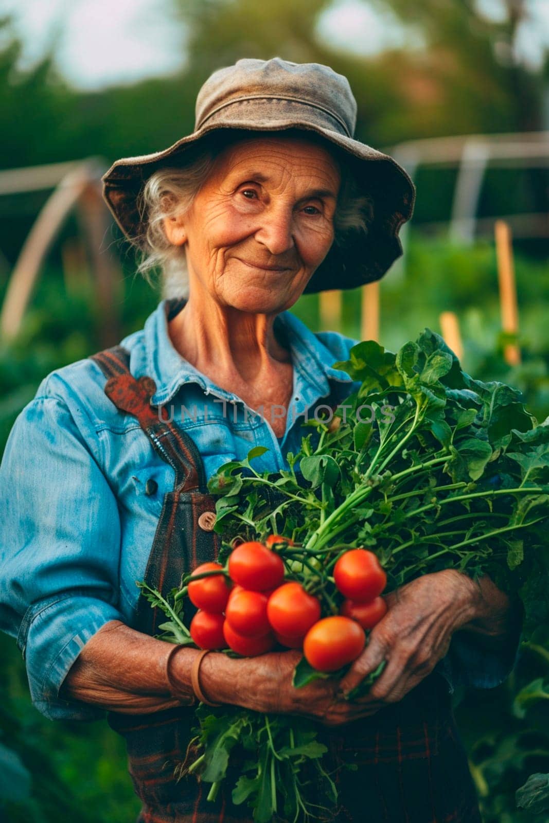 An old woman with a harvest of vegetables in the garden. Selective focus. Food.