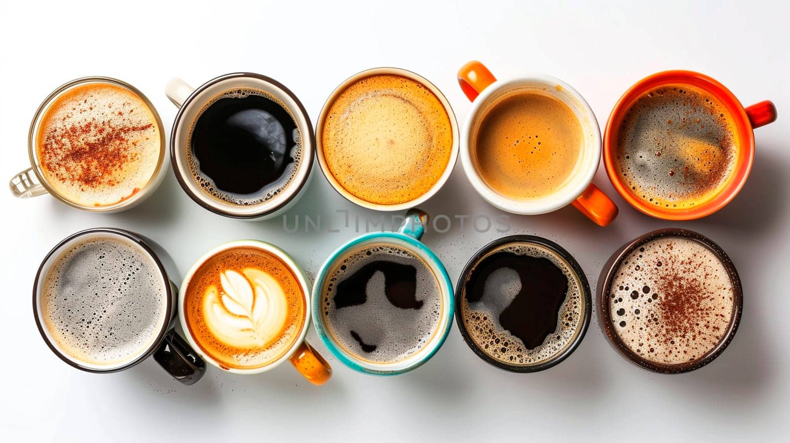 Different cups of coffee top view. Selective focus. Drink.