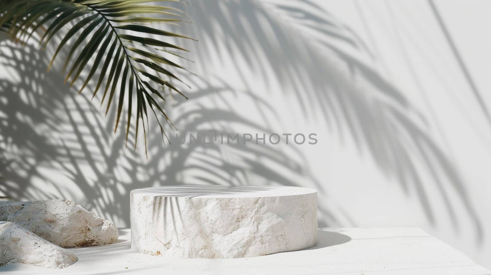 Podium for cosmetic products and palm leaves. Selective focus. by yanadjana