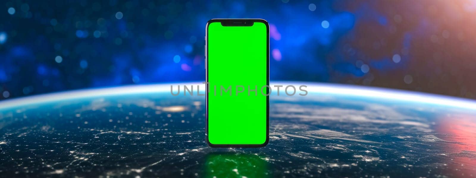 smartphone with a green screen in the foreground, set against a backdrop of a highly detailed, illuminated Earth from space, with bokeh light effects enhancing the cosmic atmosphere, banner