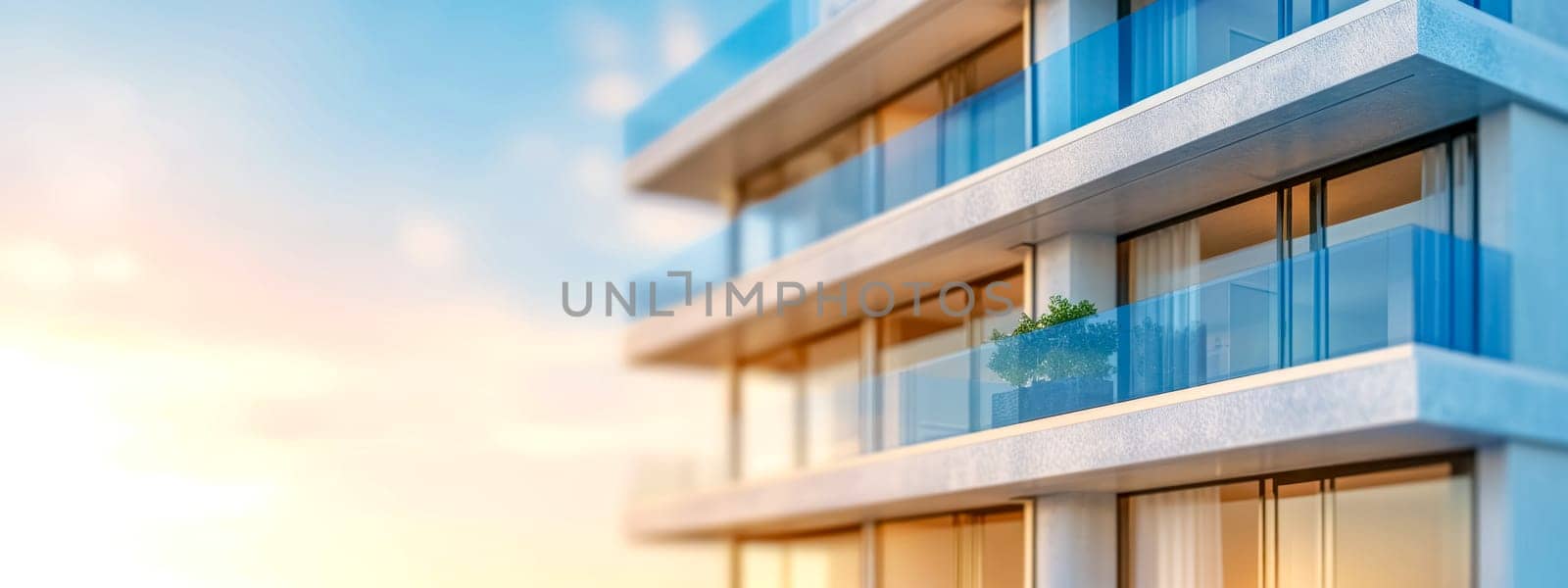 modern apartment building facade with clear glass balconies, single potted plant, bathed in the warm glow of sunset, reflecting a contemporary urban living space and real estate concept, copy space