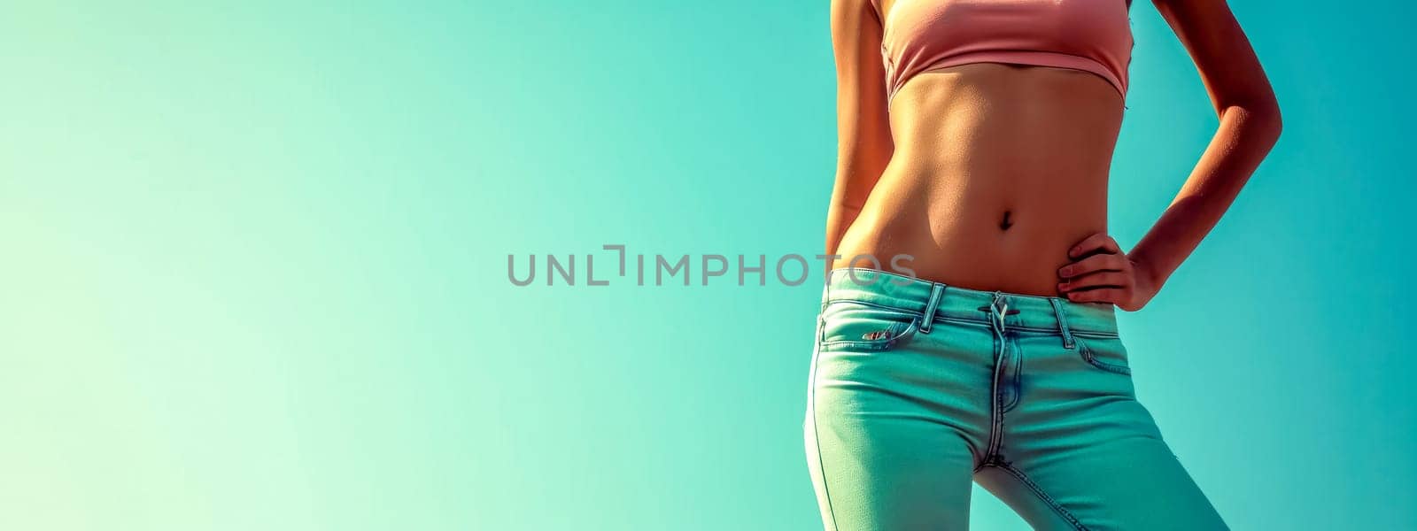 person's midsection showing a slim waist, wearing a pink crop top and light blue jeans against a turquoise background, offering a clean space for text on the right by Edophoto
