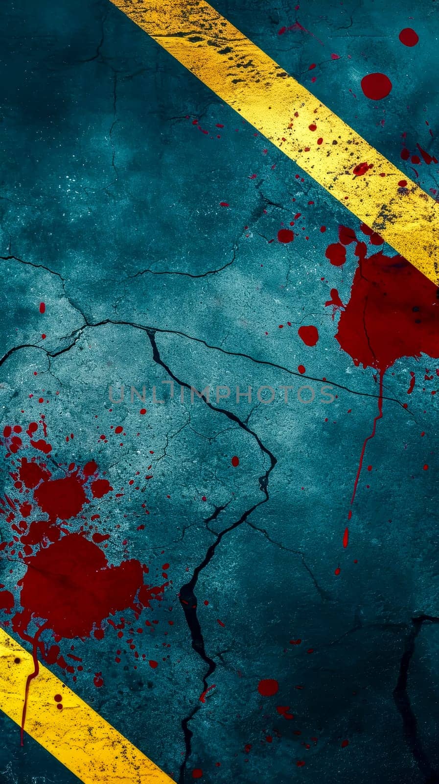 gritty, dark blue textured background with a diagonal yellow hazard stripe and splatters of red that could be interpreted as blood, crime scene or something ominous, with ample space for copy or text.