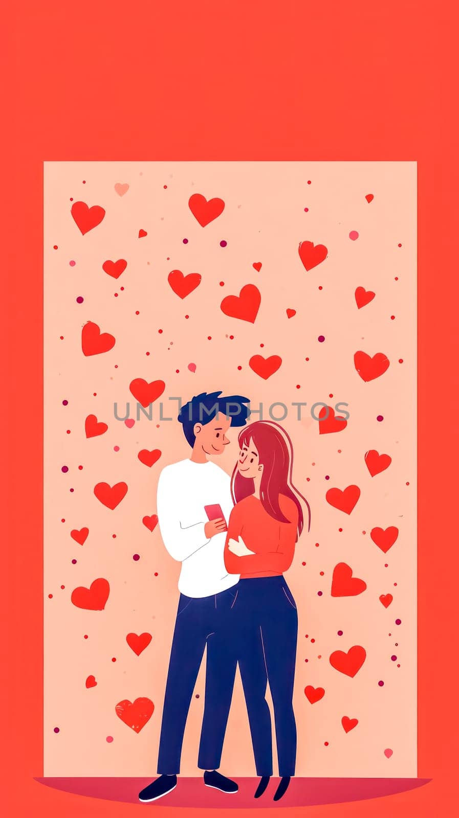 online dating site, couple embracing, surrounded by a flurry of hearts on a warm peach to red gradient background, conveying love and affection, with ample space for text above them by Edophoto