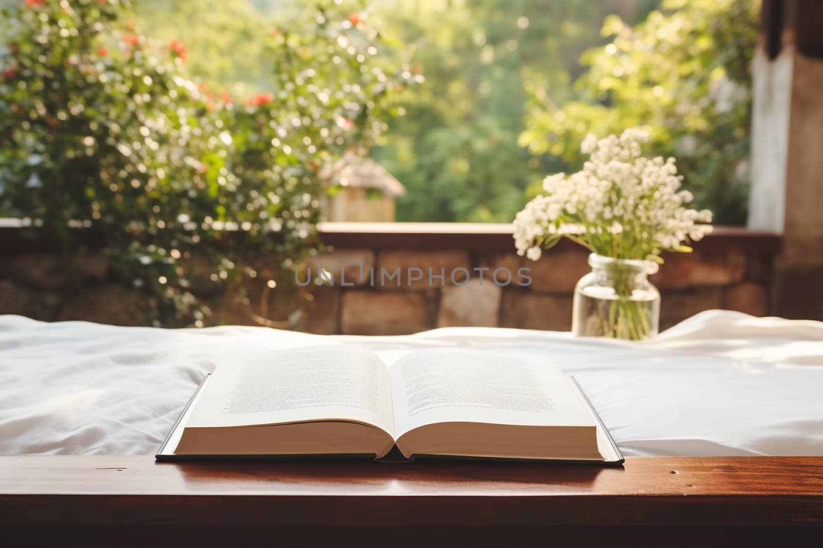 An open book on a bed with a natural bokeh background. Relaxation concept. Generated by artificial intelligence by Vovmar