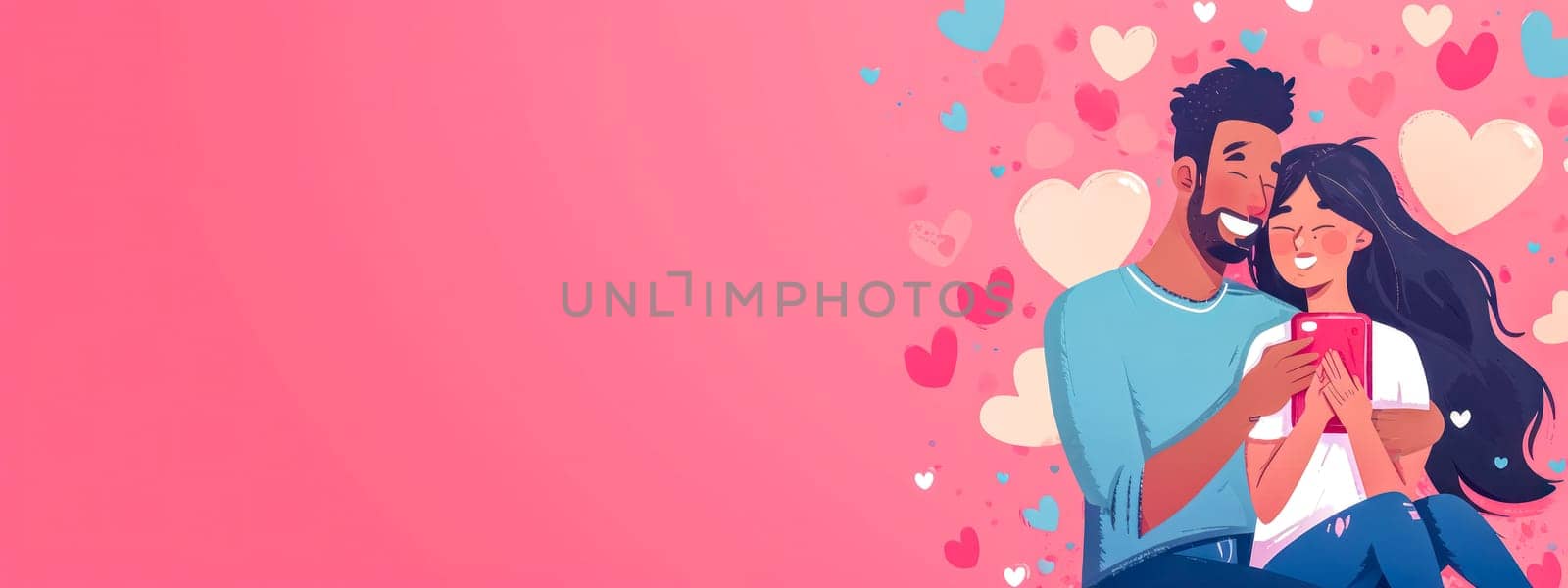 couple sharing a moment with a smartphone, surrounded by hearts on a pink background, capturing the essence of modern love and connection in the digital age. banner with copy space