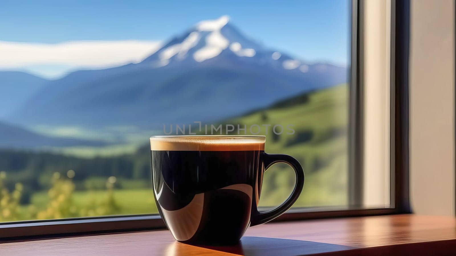 Cup of coffee with a view of the landscape outside the window. by OlgaGubskaya