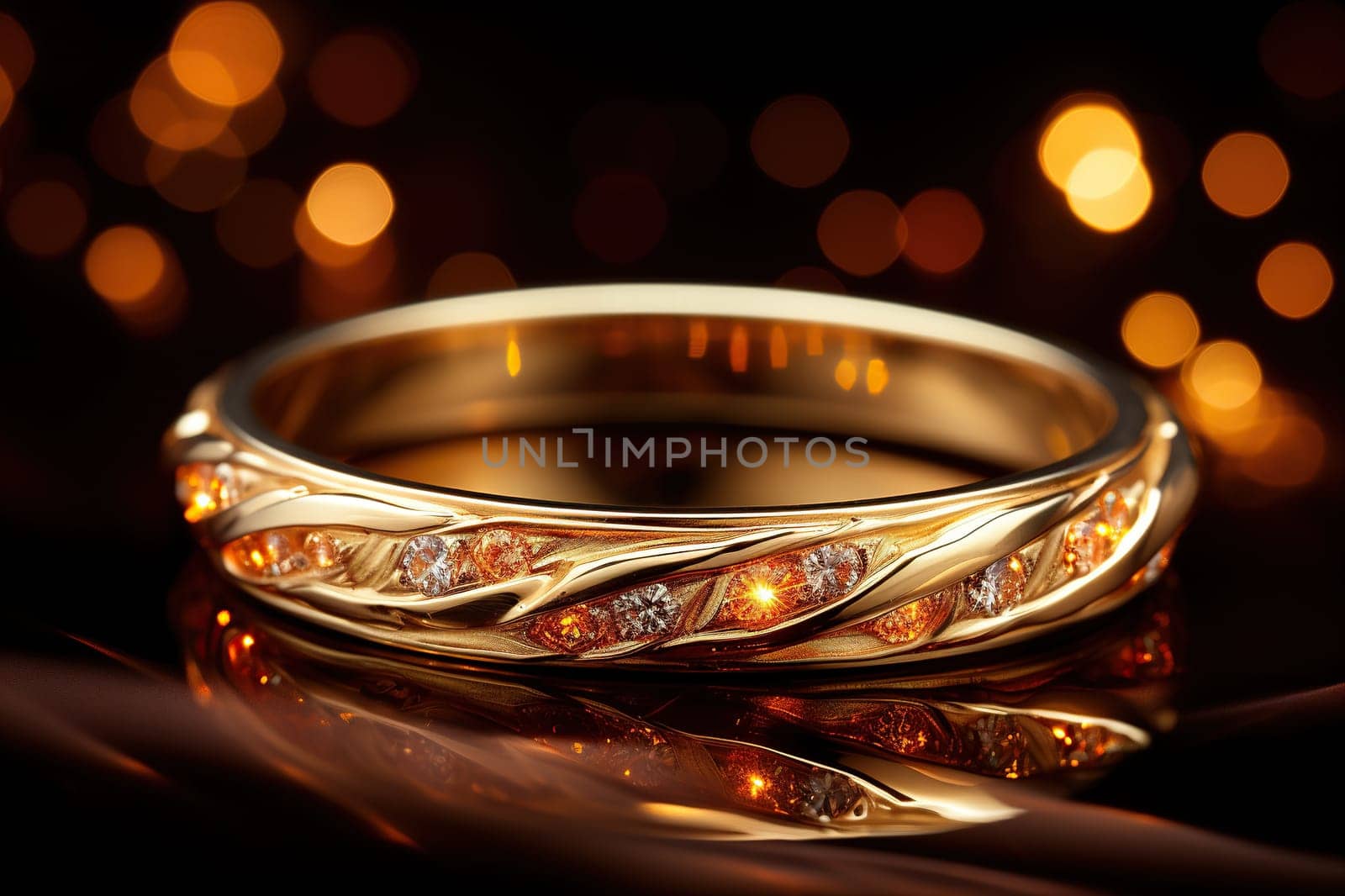 Gold ring with precious stones on a dark background with golden bokeh.