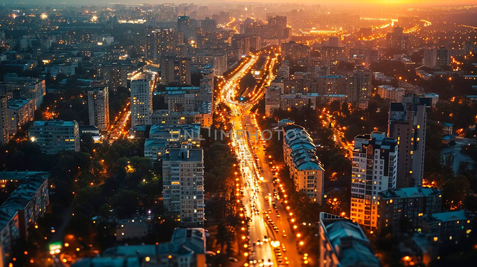 Street in a metropolis with a traffic jam. Heavy traffic on the street. Evening city lights. Aerial view from a quadcopter. AI generated.