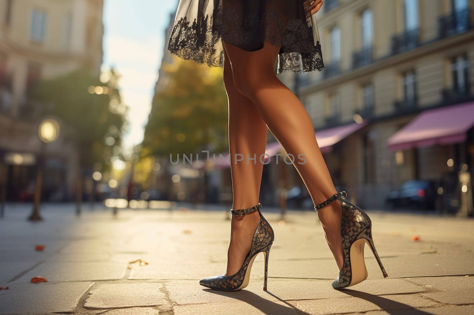 Slender female legs in high-heeled shoes on a city street. Generated by artificial intelligence by Vovmar