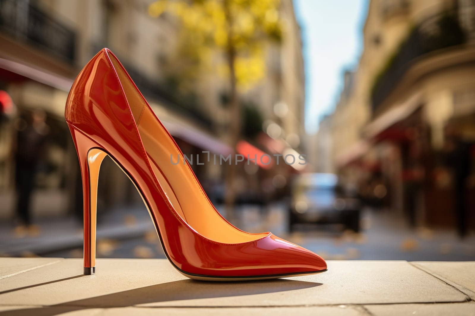 Elegant red women's high-heeled shoe against a city bokeh background. Generated by artificial intelligence by Vovmar