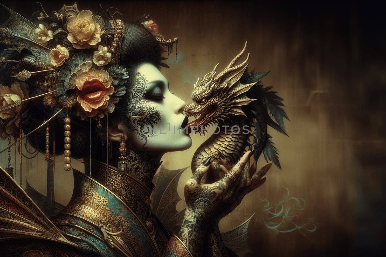 A tatooed woman geisha confronting a fierce male golden dragon snake, surreal art for chinese new year celebration, valentines or muertos halloween darl fantasy sceneAI generated