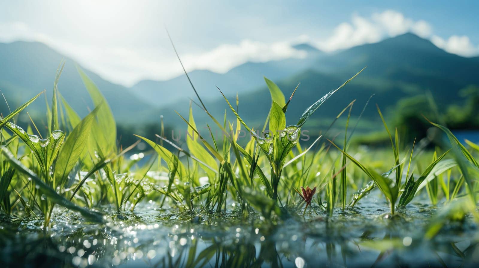 Double exposure shot of green grass in front of the mountains.