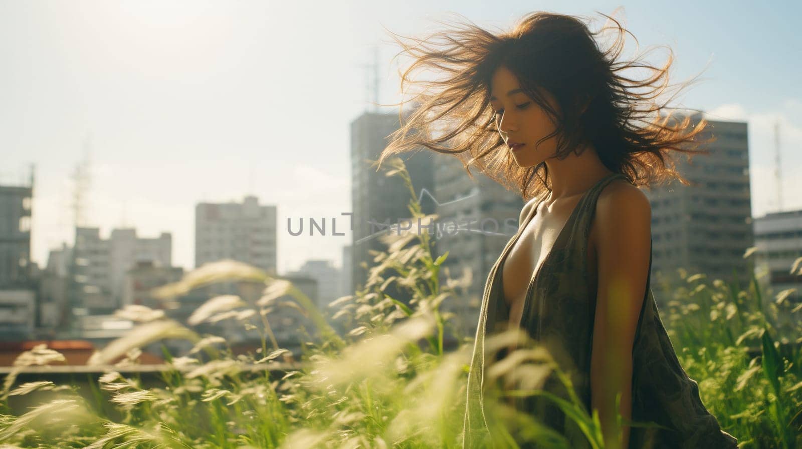 Side view of a dark-haired girl in a rice field near the city.