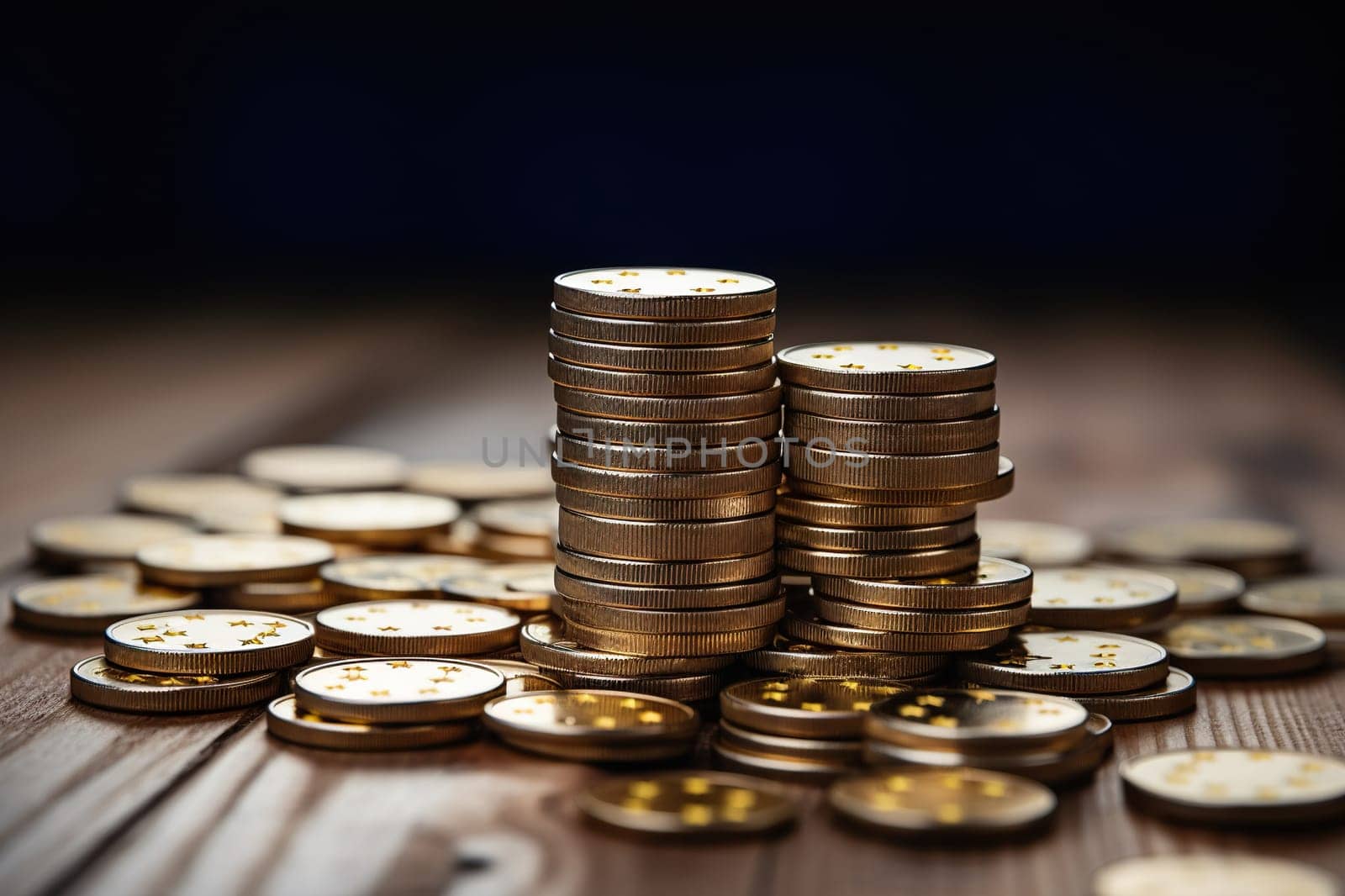 Stacks of metal coins on a wooden table on a dark background. Budget, finance concept.