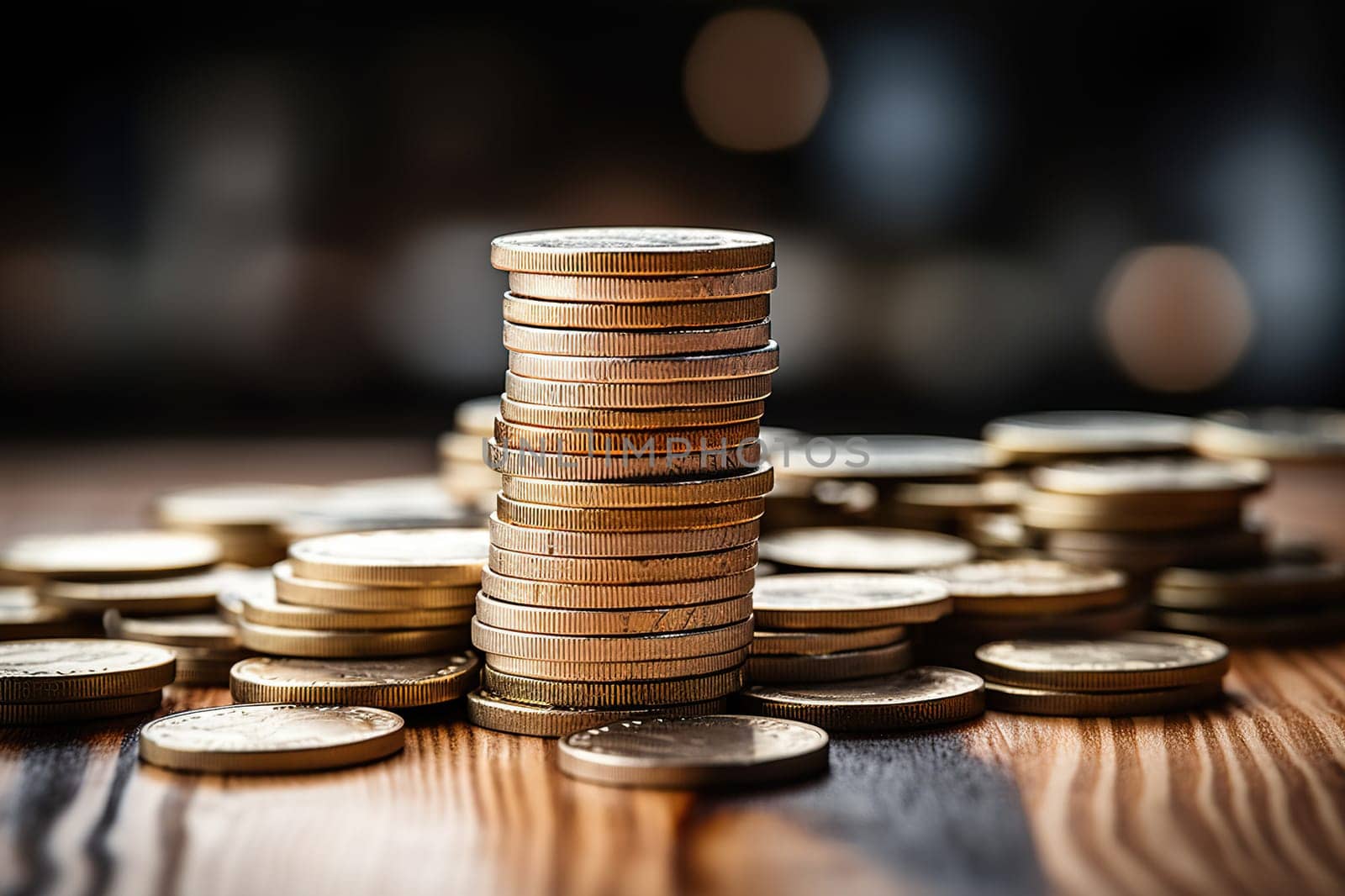 Stack of metal coins on a wooden table on a dark background. Budget, finance concept.