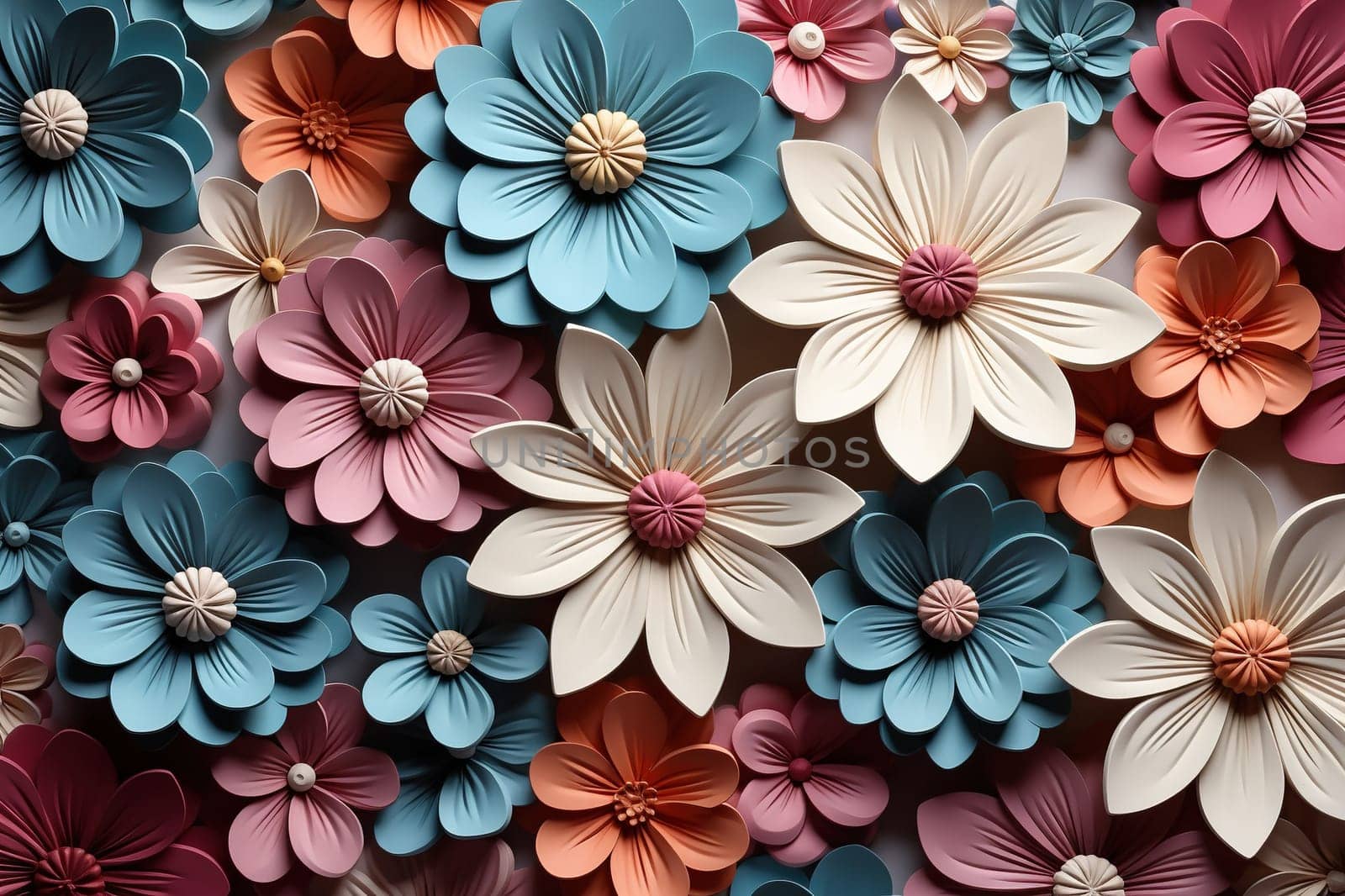 Background of multi-colored flowers cut out of paper. Generated by artificial intelligence by Vovmar